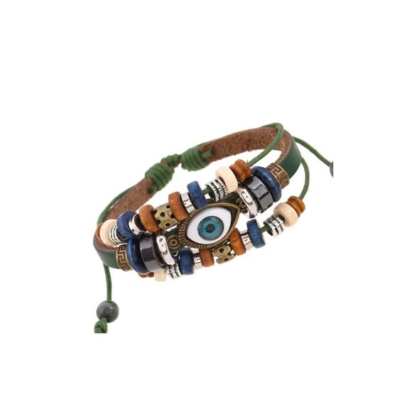 UNISEX DEVIL EYE LEATHER LAYERED 3PCS COUPLES LEATHER BEADED BRACELET - Picture 3 of 14